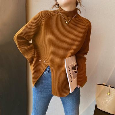 Svetr Lazy Wind Pullover Dámské Podzim Zima Otevřený Top Poloviční vysoký výstřih Pletená košile se spodním lemem