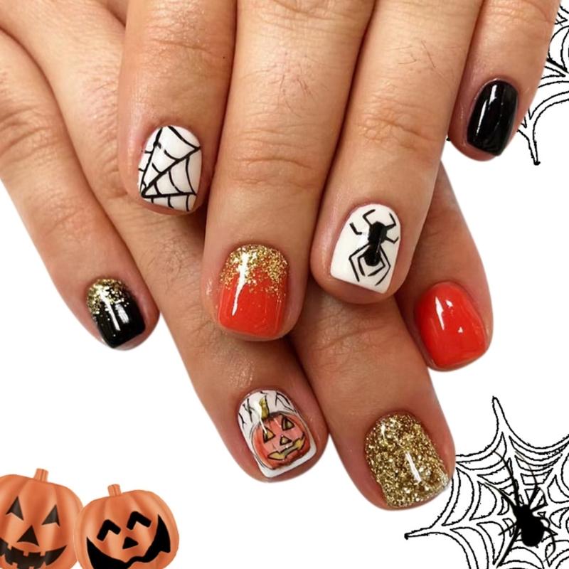Spooky Season Press On Nail Glitters Plastic Artificial Nail Halloween Pumpkin Bat Patterns Quick Applications 1