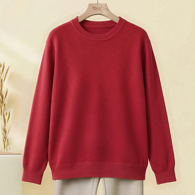 Women Plus Size Crew Neck Knit Sweater Rhinestone Decor Soft Long Sleeve Casual Pullover Top