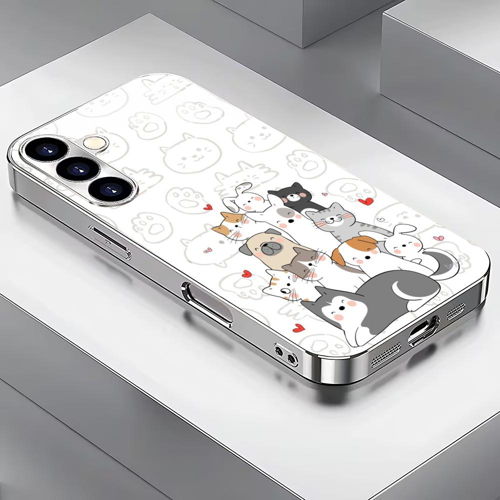 Cute cartoon animal silver plated glass phone case suitable for Samsung Galaxy S26 S25 S24 S22 S21 S20 FE/Ultra/Plus anti drop