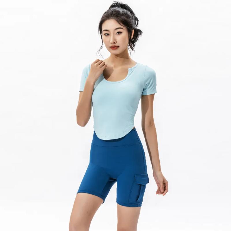 Damen Schwarz Sport Crop Top Quadratischer Ausschnitt Kurze Ärmel Dehnbar Figurbetont Yoga Workout Top