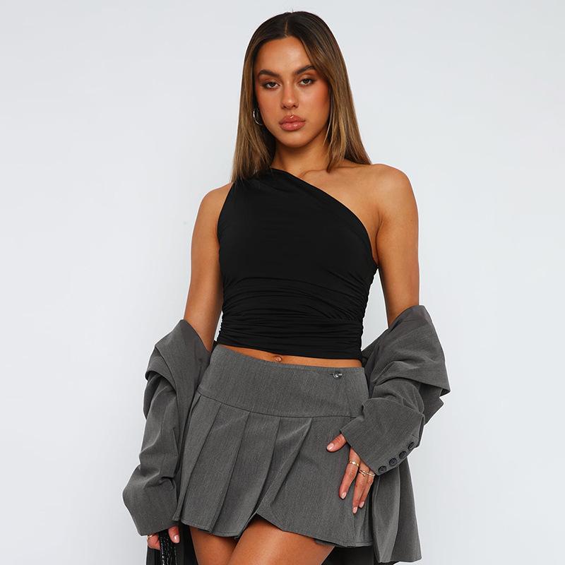 Einfarbiges, rückenfreies Tanktop mit einer Schulter und Bonbonfarbe, eng anliegend, sexy, ärmellos, halslos, schmales, lässiges Top