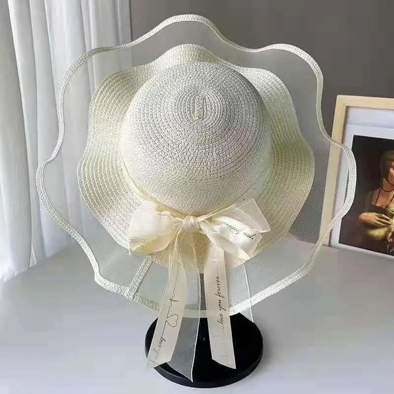 Cappello da spiaggia Donna Protezione solare estiva Cappello a rete con fiocco Cappello da sole a tesa larga Cappello da sole per vacanze al mare