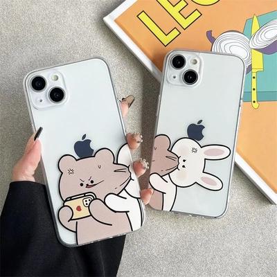 Cute Cartoon Rabbit Bear Clear Phone Case for IPhone 15 14 13 12 11 Pro XS Max X XR SE2 Soft Couple Cover for Iphone 7 8 15 Plus