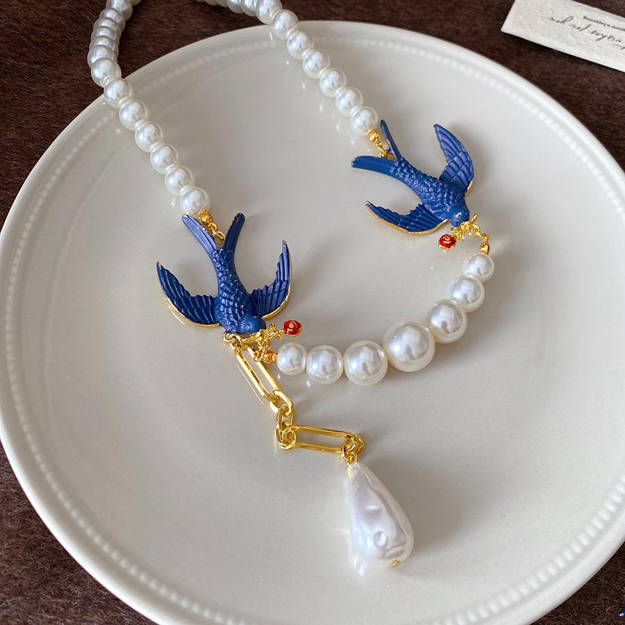 Exquisite Teardrop-shaped Tassels Blue Spray-painted Double Swallows Imitation Pearl Beaded Necklace Earring for Women Jewelry