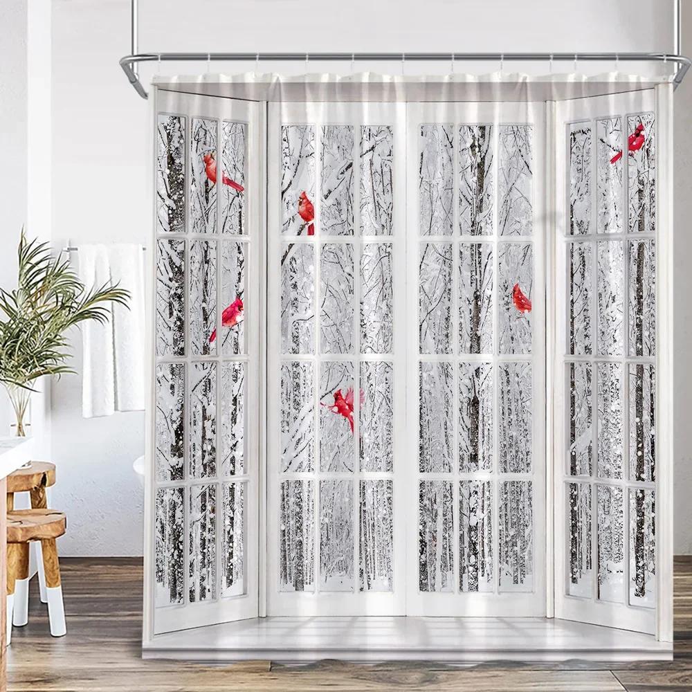 Winter Forest Scenery Shower Curtain Snow Window Outside Nature Landscape Snowy Pine Tree Bathroom Decor Polyester Bath Curtain