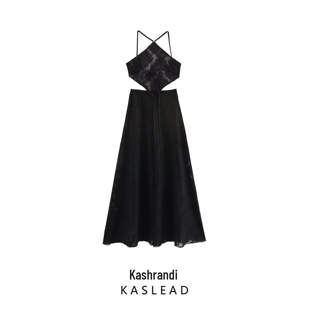 

2025 Spring Women s European & American Hollow-Out Spaghetti Strap Long Dress L чёрный
