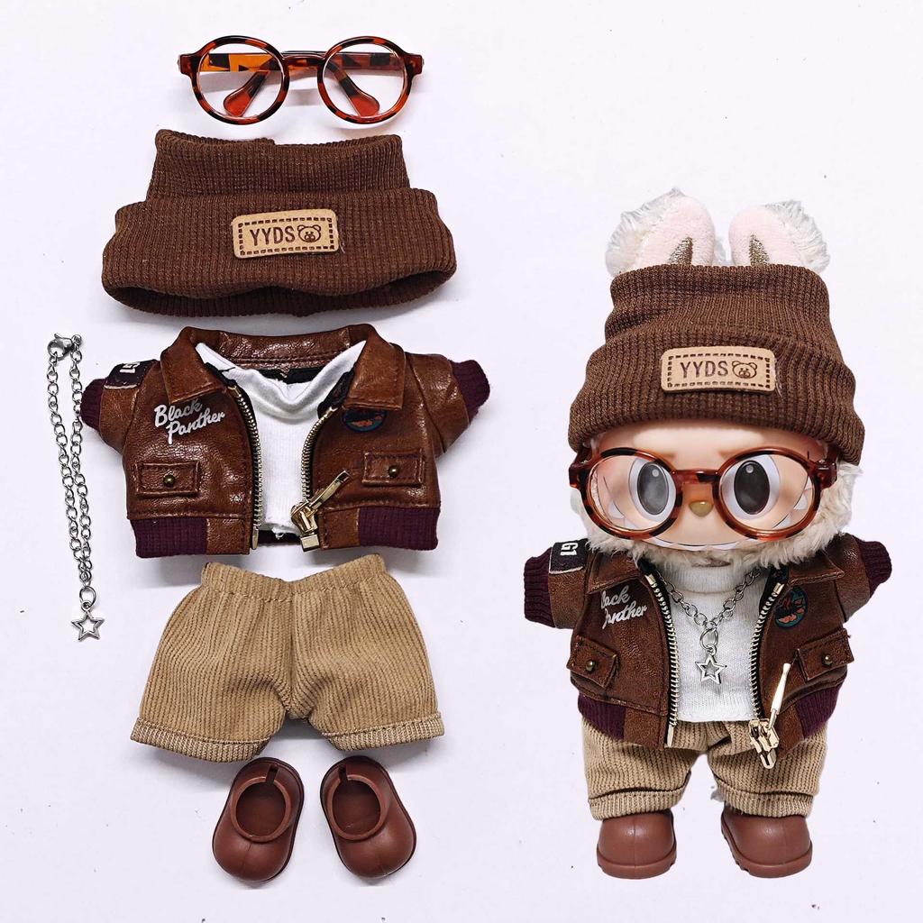 Retro motorcycle wind doll coat pants children's hats headphones glasses 15-17cm rag plush blind box doll dress up accessories