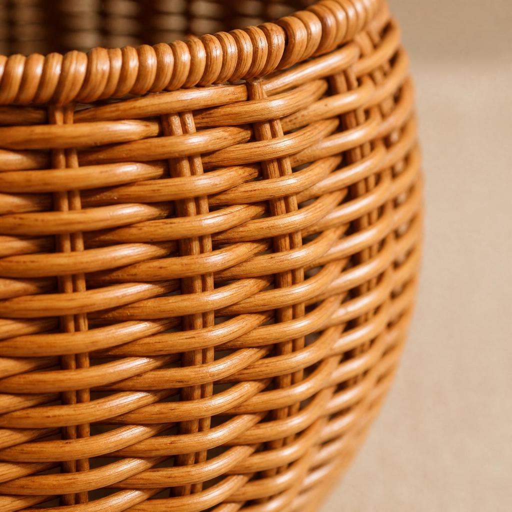 Tea-Brown Woven Organizer Tabletop Round Belly-Shaped Basket Rustic