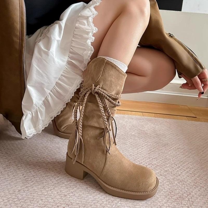 Retro Wasteland Tassel Biker Boots women round toe chunky heel pleated slip on knee high boots 2025 autumn Western cowboy boots