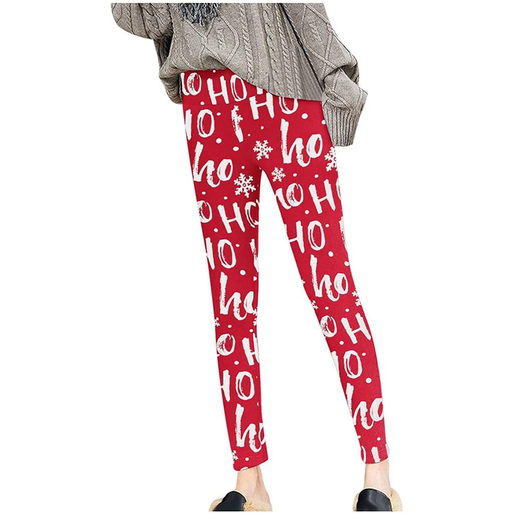 Womens Christmas Print Thickened Lambswool High Waist Stretch Thickened Cashmere Warm Pants