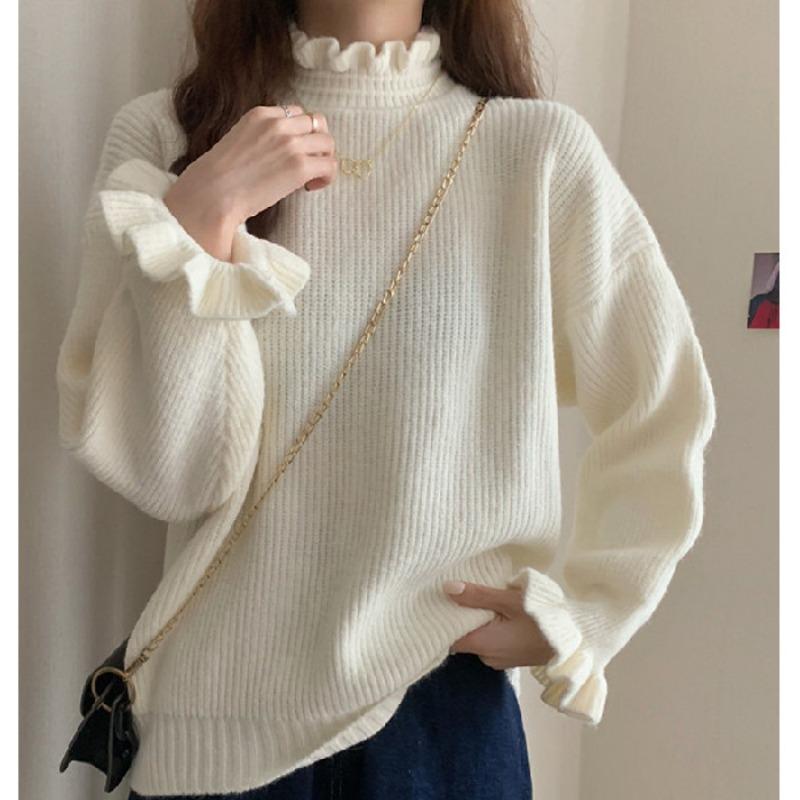 Autumn Winter Ruffles Half High Collar Solid Bottomed Sweater Women Simple All-match Pullover Knitting Top
