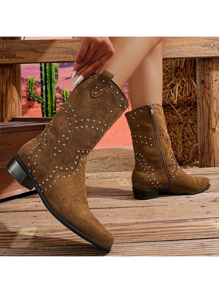 Fashion Fashion Short Boots Women 2025 Autumn/Winter New Retro Rivet Short Leg Pants Boots Western Denim Chunky Heels Fashion Boots