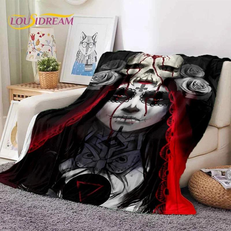 Totenkopf Totes Mädchen 3D Gothic Horror Weiblich Rose Weiche Flanelldecke für Betten Schlafzimmer Sofa Picknick, Überwurfdecke zum Zudecken Freizeit