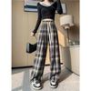 Dámské retro kostkované kalhoty s vysokým pasem a širokými nohavicemi - jaro/léto 2024, korejský styl, se šněrovacími detaily
