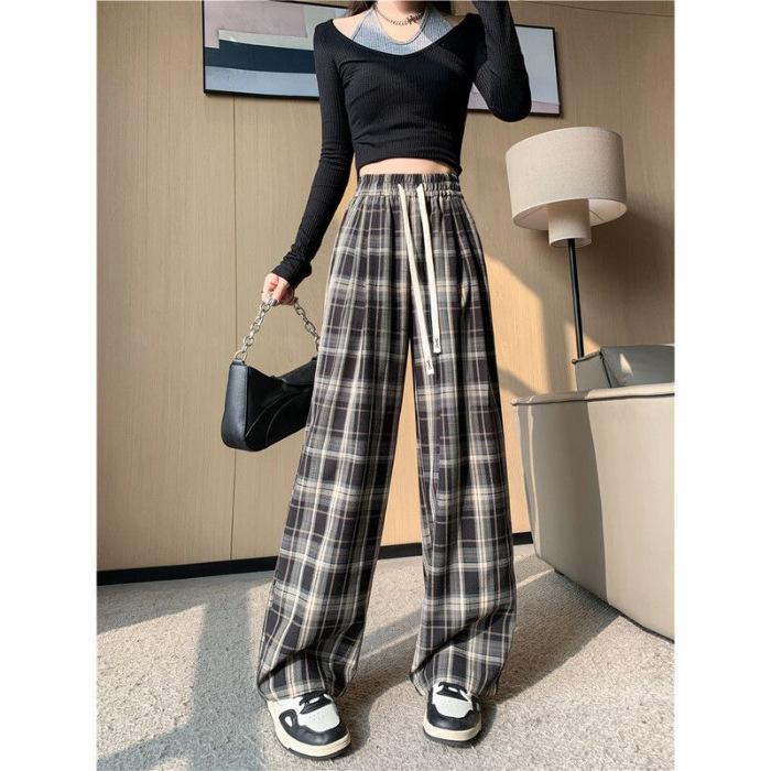 Dámské retro kostkované kalhoty s vysokým pasem a širokými nohavicemi - jaro/léto 2024, korejský styl, se šněrovacími detaily