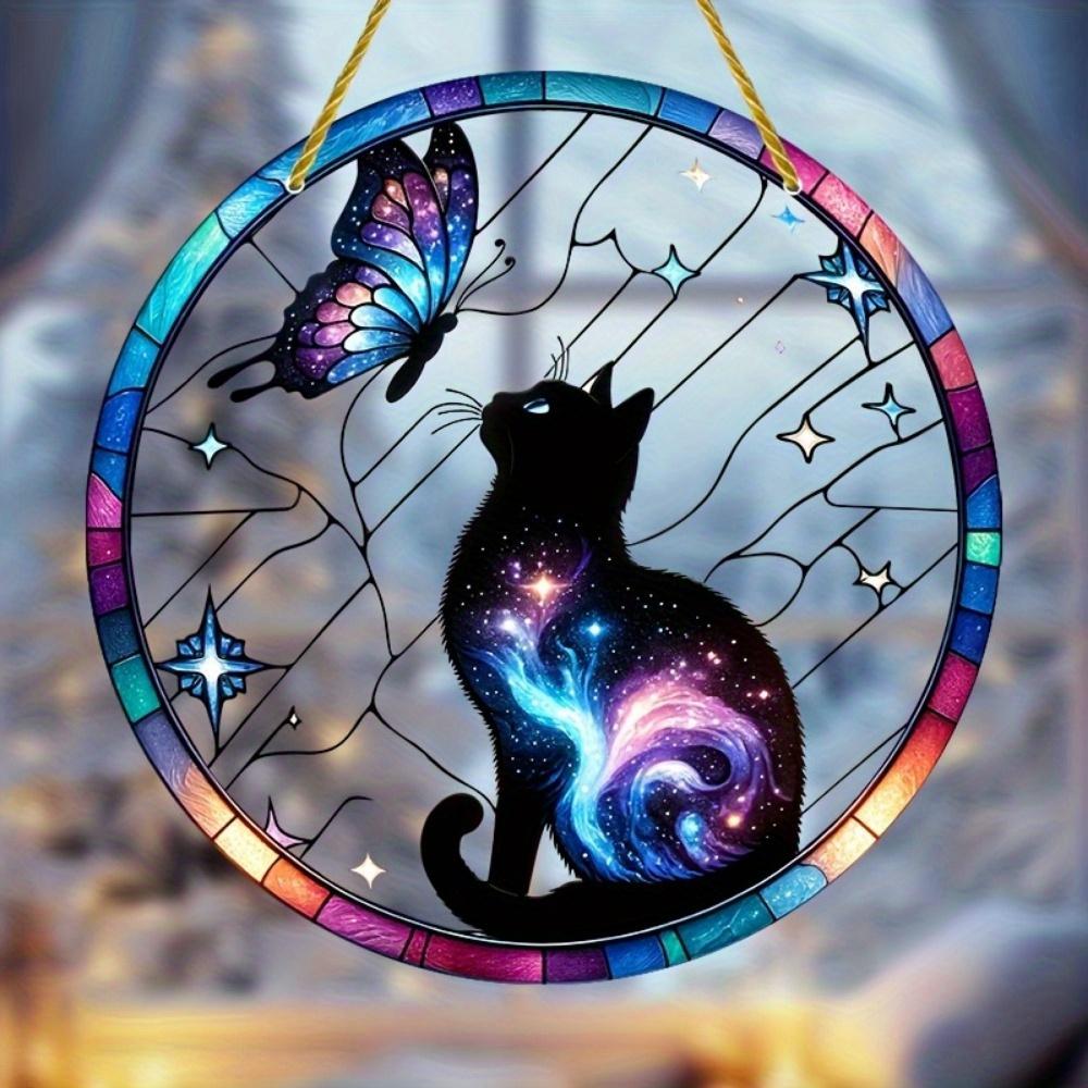 Galaxy Cat & Butterfly Sun Catcher. Painted glass decor for garden, office, room. Ideal gift.