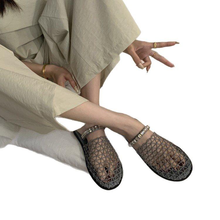 Mesh Soft Bottom Summer Rhinestone Roman Sandals Vacation Beach Wear French Bag Head Half Slippers Women'S Shoes