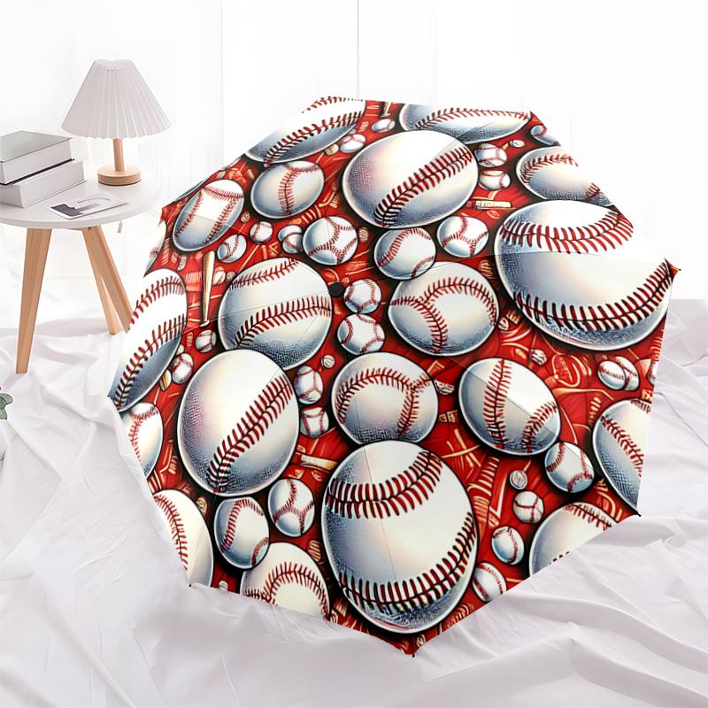 Baseball Patterned Automatic Opening/Closing Umbrella with Portable Tri-Fold Design, 8-Bone Iron Frame Outdoor Umbrella, Ideal Gift for Fans