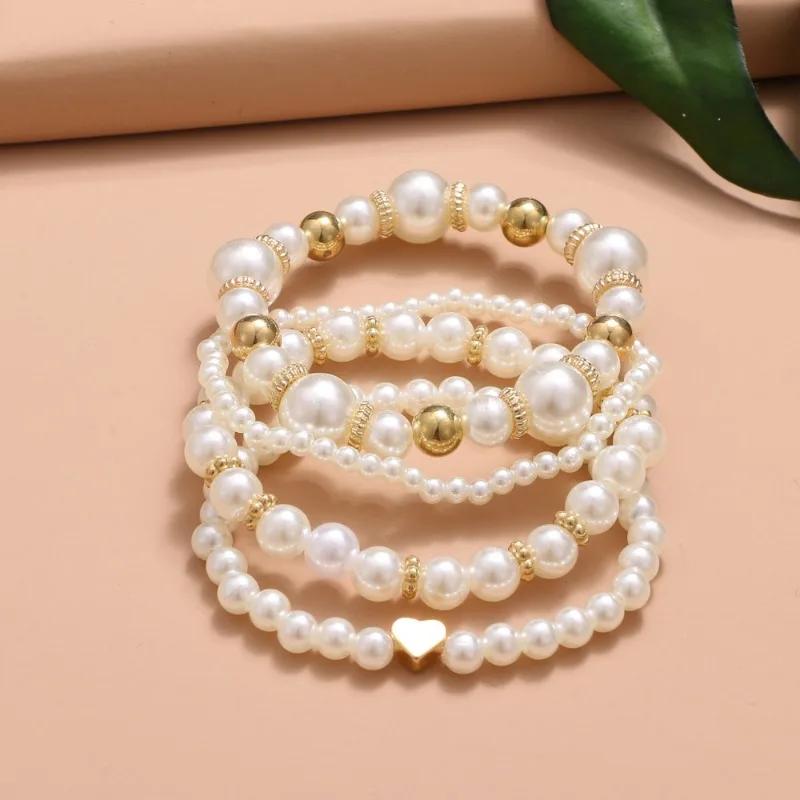 

Beautiful and Versatile Pearl Love Women s Bracelet Set of 4 Ins, High Grade, Elegant and Fashionable Jewelry белый