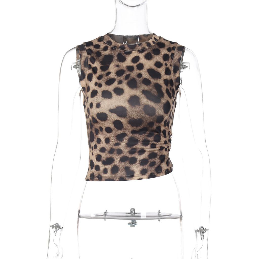 European and American women's clothing leopard print round neck sleeveless fashion trend slim-fit small vest top