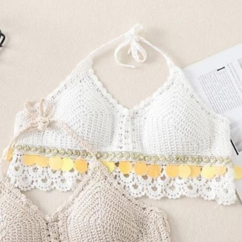 Tassel Crop Tops Retro Wild Hollow Perspective Sexy Spaghetti Strap Tanke Top Women Built In Bra New Back Lace Halter Neck