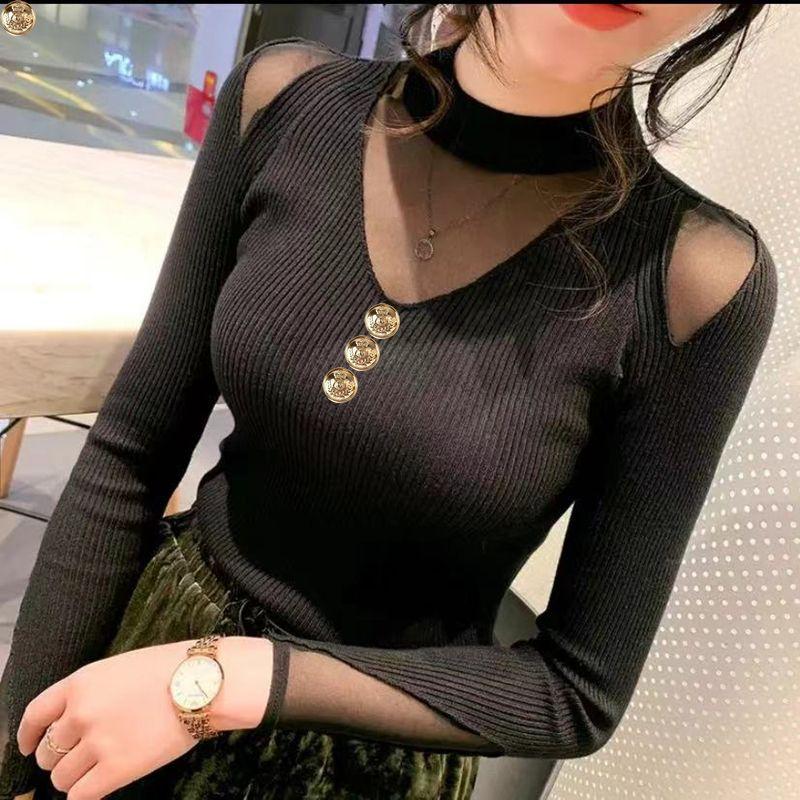 Women's Stylish Sexy See Through Mesh Patchwork Basic Knitted Sweater Elegant Solid O Neck Long Sleeve Button Slim Pullover Tops