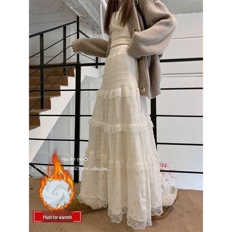 Korean-Style Lace Spliced Mid-Length Cake Skirt, 2024 Autumn/Winter Fashion