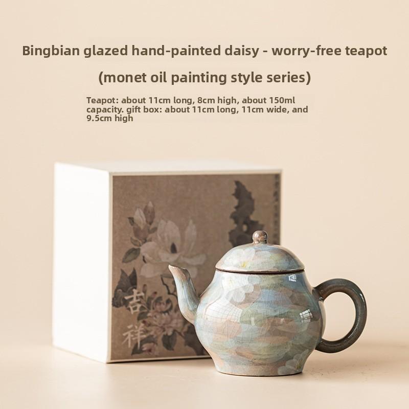 

1Pc Oil Painting Wind Ice Flake Glaze Hand-painted Daisy Ceramic Teapot Siting Pot Filter Teapot Pot KungFu TeaSet Gifts