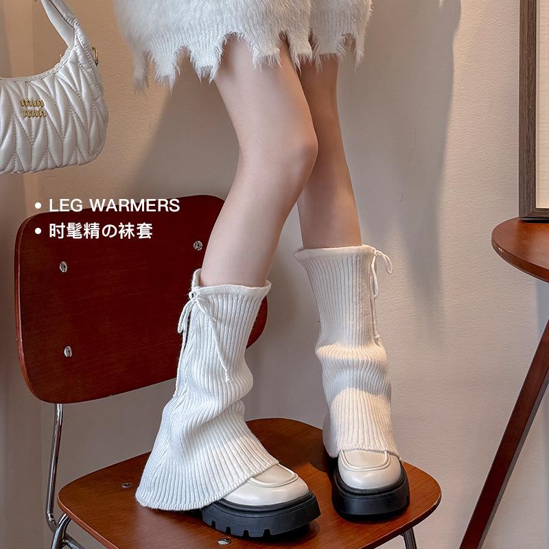 Boots Cotton Socks Cover Bow Straps Thickened Thermal Stacking Socks Gray Knitted Calf Cover
