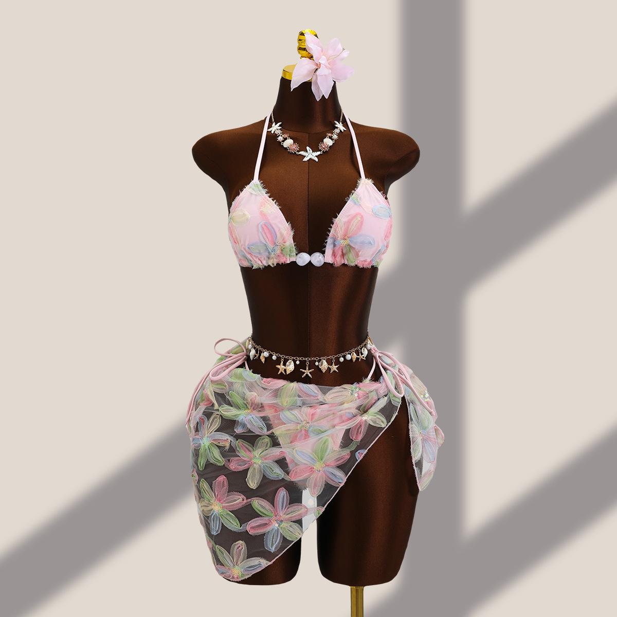 2026 European and American Flower Embroidery Sequins Three-piece Set Mesh Split Swimsuit Bikini S