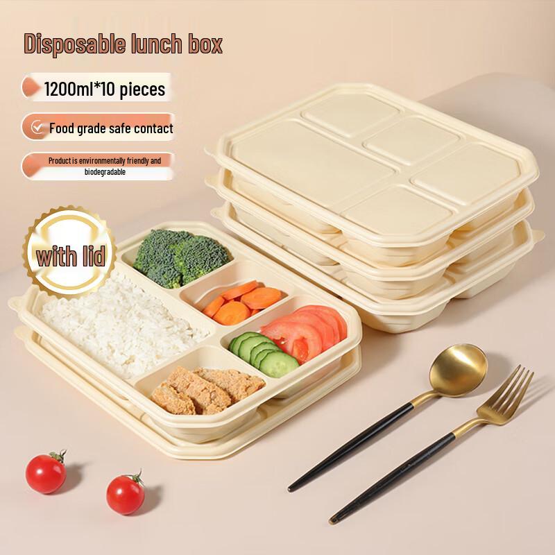 Degradable 1200ML 5-Compartment Disposable Meal Prep Containers, 10-Pack