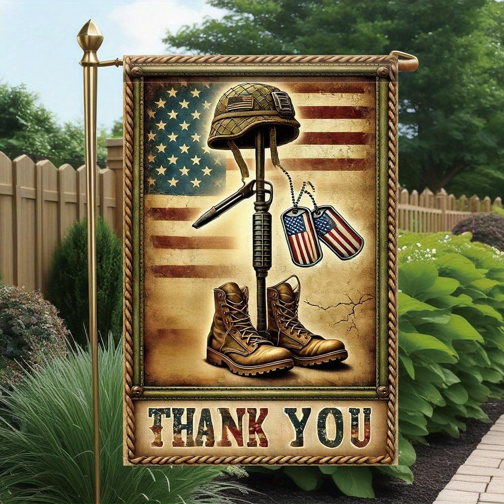 Military Memorial Garden Ag 12x18 Inch Double Sided Thank You Troops Boots Helmet Rie Dog Tags Banner Patriotic Outdoor GGX