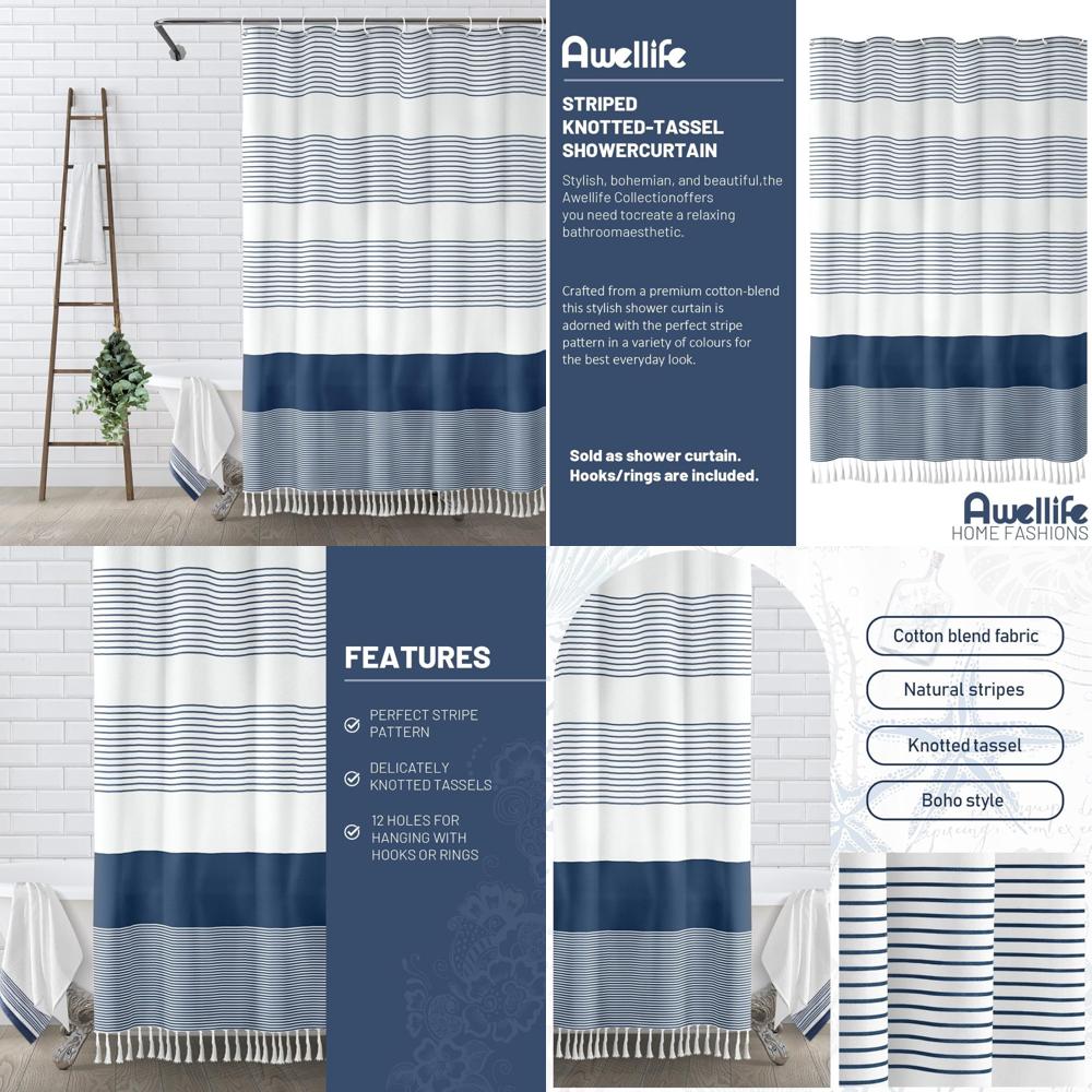 Supermarket Go Dark Blue Navy Blue Shower Curtain For Bathroom Stripe Tassel Shower Curtain 72 X 72 Inches Farmhouse Cotton