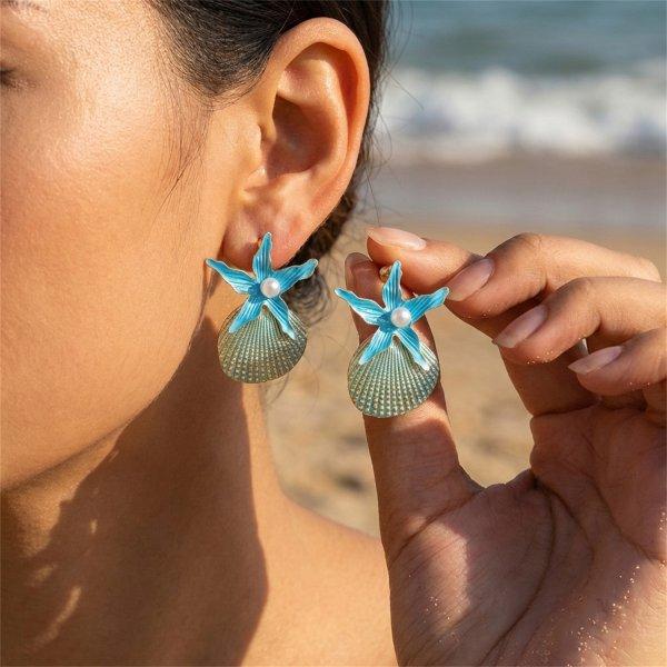

Trendy Baroque Imitation Pearl Drop Earrings for Women Bohemia Blue Rhinestone Starfish Stud Earrings Beach vacation Jewelry