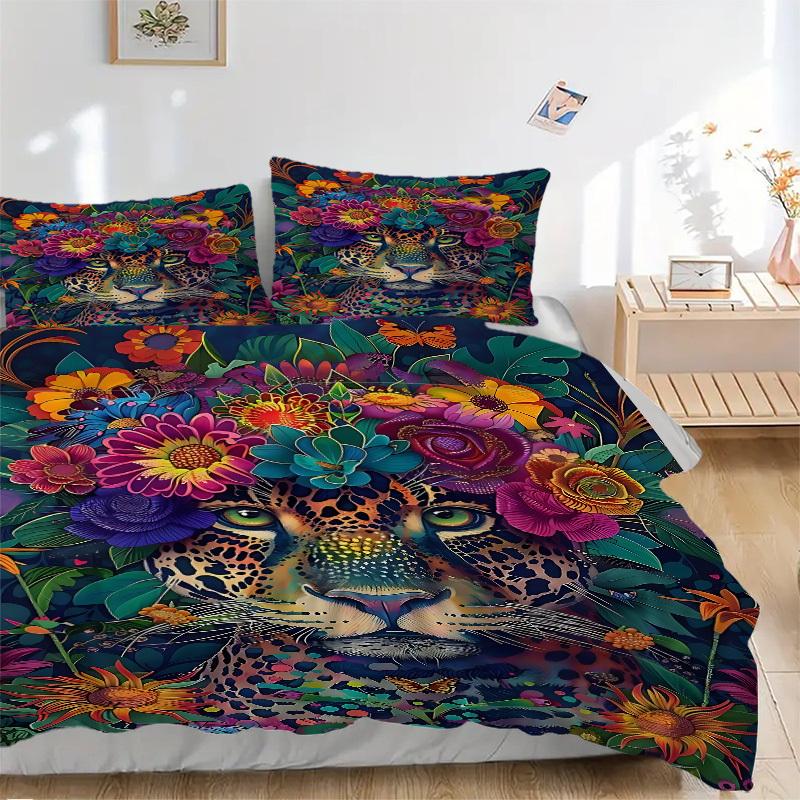 3PCs Leopard Floral Print Design Cover Set, Breathable Fabric, Machine Washable (1 Duvet Cover + 2 Pillowcases) (Without Quilt) yy250911094