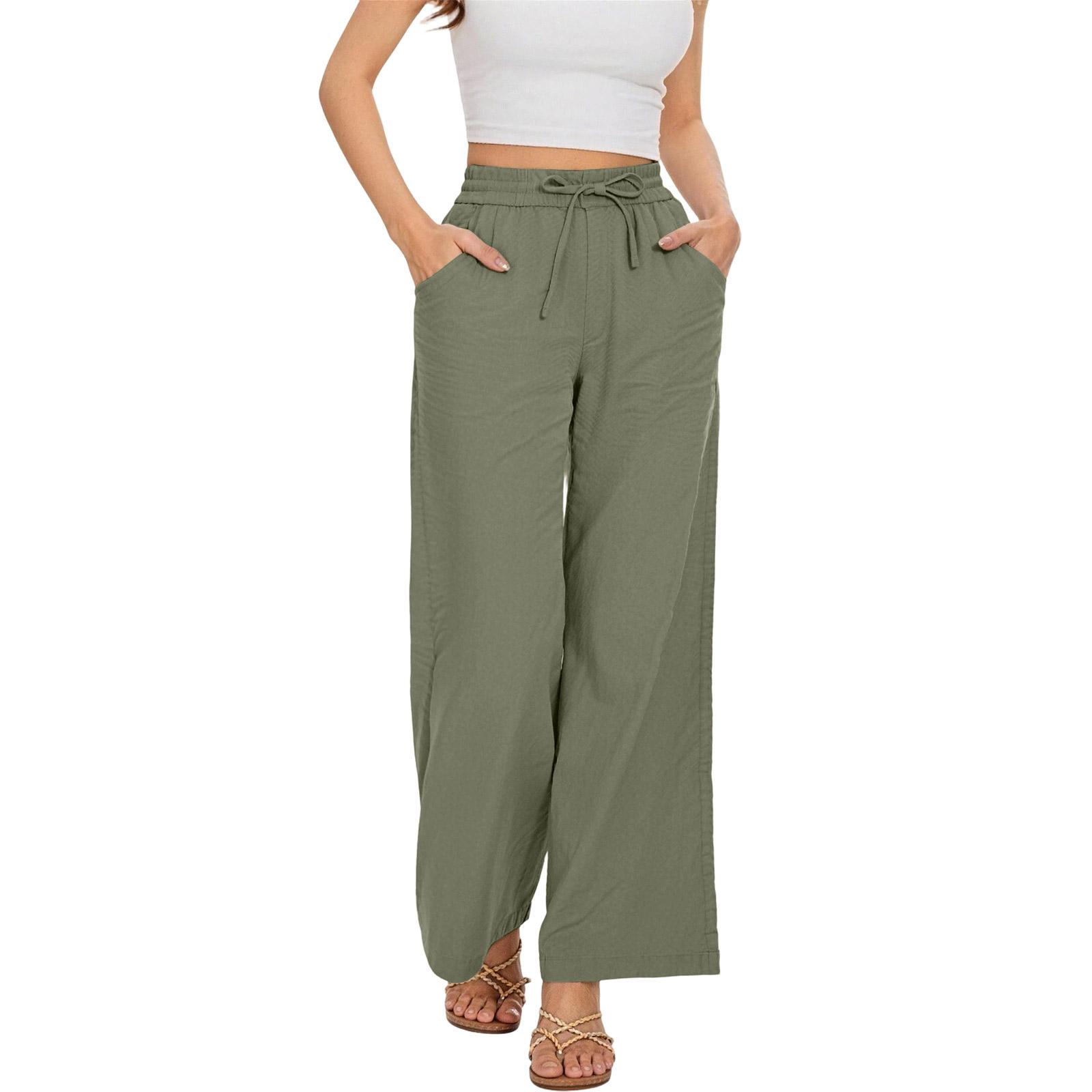 

Women s Color Loose Fit Fashion Sporty Wide Leg Drawstring Pocket Pants L армия зеленый