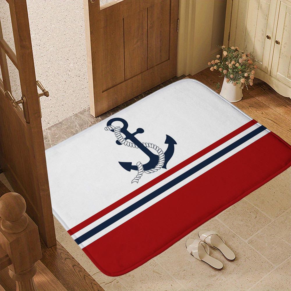 Sailing Anchor Doormat Marine Red White Navy Stripe Entrance Rug Beach House Theme Non-Slip Welcome Mat Coastal Cottage Decor