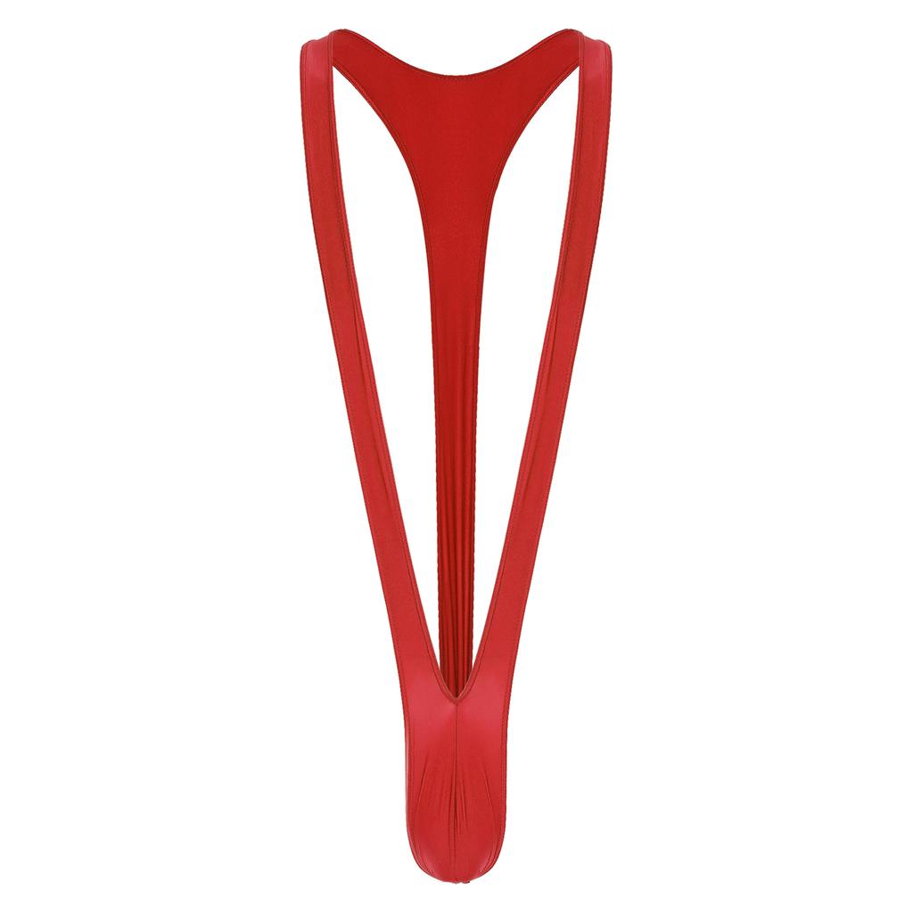 Mens Glossy Mankini Swimsuit V-Shaped Suspender Thong Bulge Pouch Design Stretchy Swimwear for Beach Pool Parties