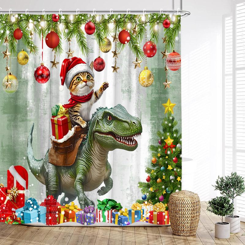Funny Red Santa Claus Shower Curtain Gold Xmas Balls Gifts White Snowflakes Winter Christmas Bath Curtains Home Bathroom Decor