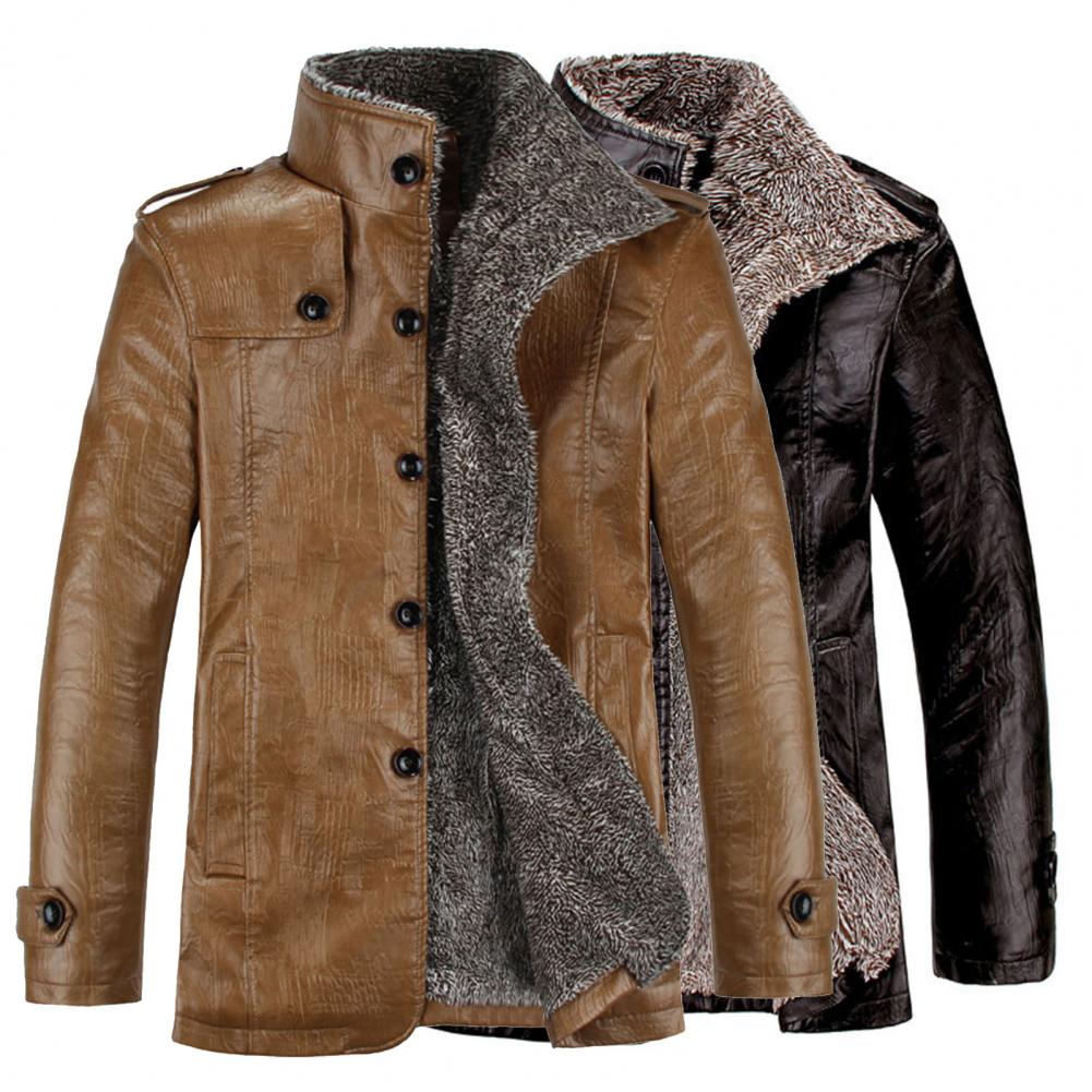 Fashionable Men Jacket Warm Solid Color Faux Leather Long Sleeve Men Coat  Winter Jacket Cardigan