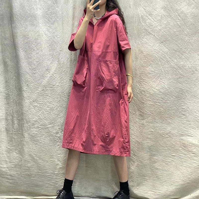 Hooded short-sleeved dress women's 2025 summer new retro loose large size thin casual medium and long dress