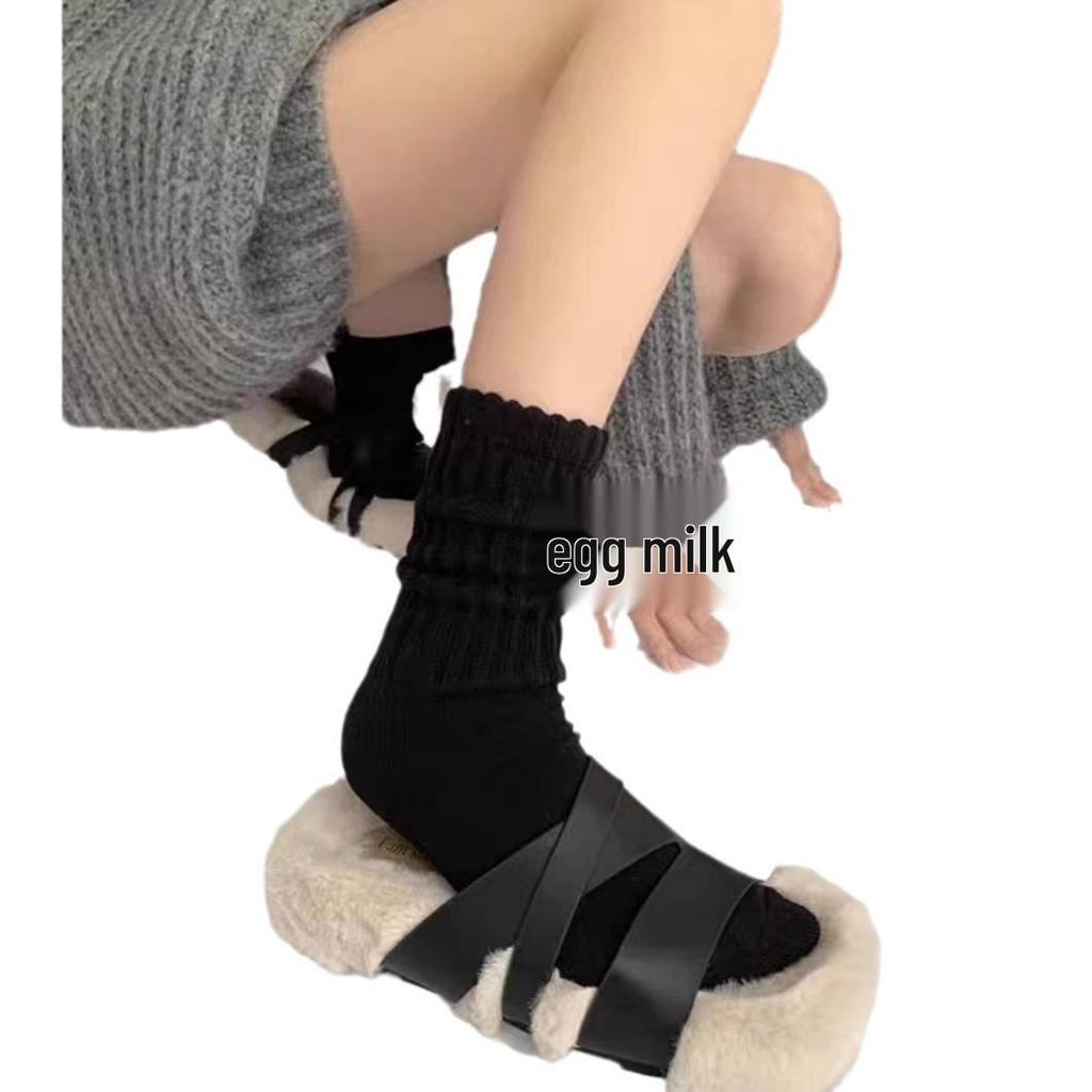 Women's Thick Scrunch Socks: Spring-Summer Mid-Calf, White & Gray Knee-High Wool Knitted Leg Warmers