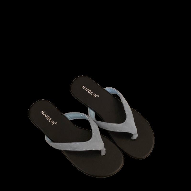 Franska minimalistiska tå sandaler för strandsemester nya sommar mångsidiga kontrasterande färg platta flip-flops damsandaler