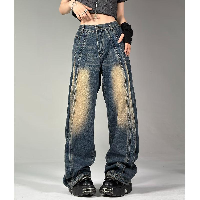 American Retro Style Women's Wide-Leg Deconstructed Jeans, Mud Yellow Distressed, High Street Fashion