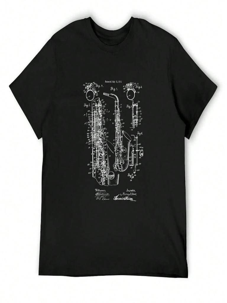 Jazz Saxophone Vintage Patent Print 1915 T-Shirt Vintage Oversized Short Sleeve Tee Plain Black T Shirts unisex