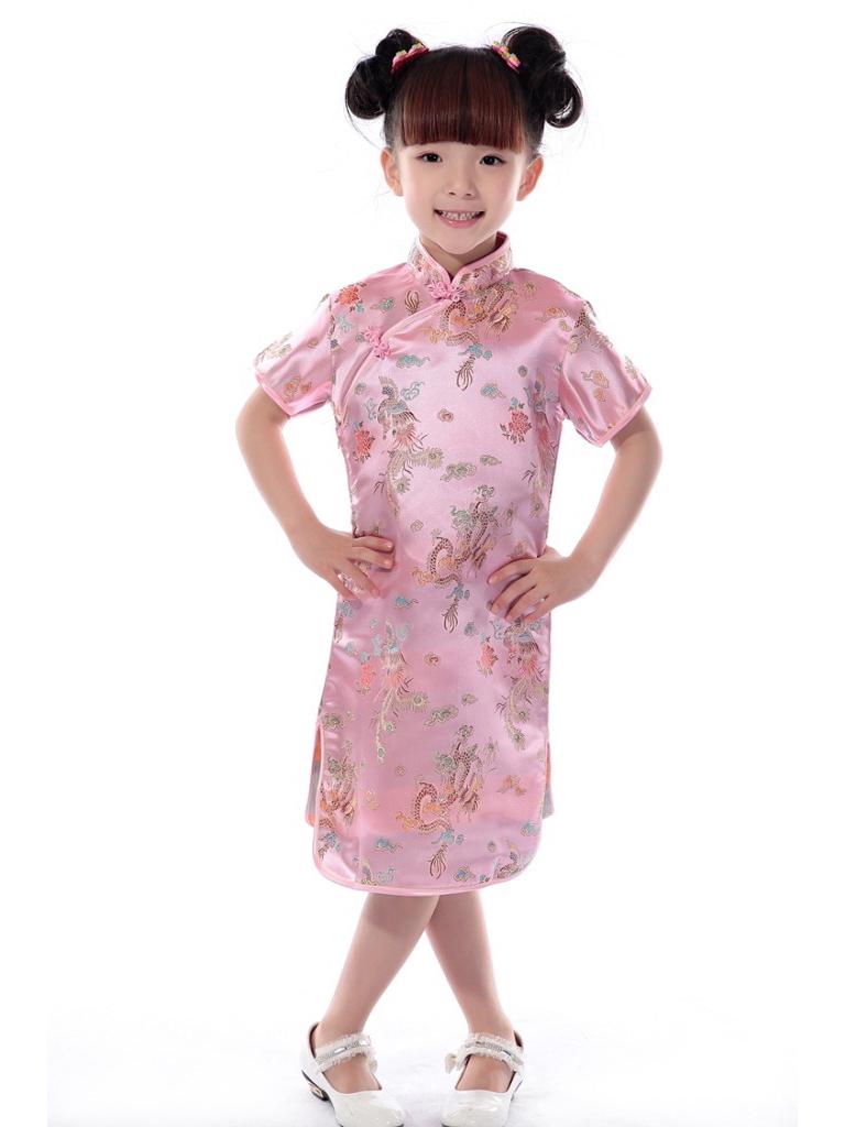 Girls' Ethnic Summer Dragon & Phoenix Tang Suit Qipao Performance Dress - Red