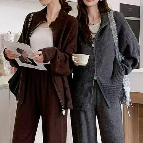 Women's Casual Knit Cardigan & Wide-Leg Pants Two-Piece Set - Autumn/Winter Collection
