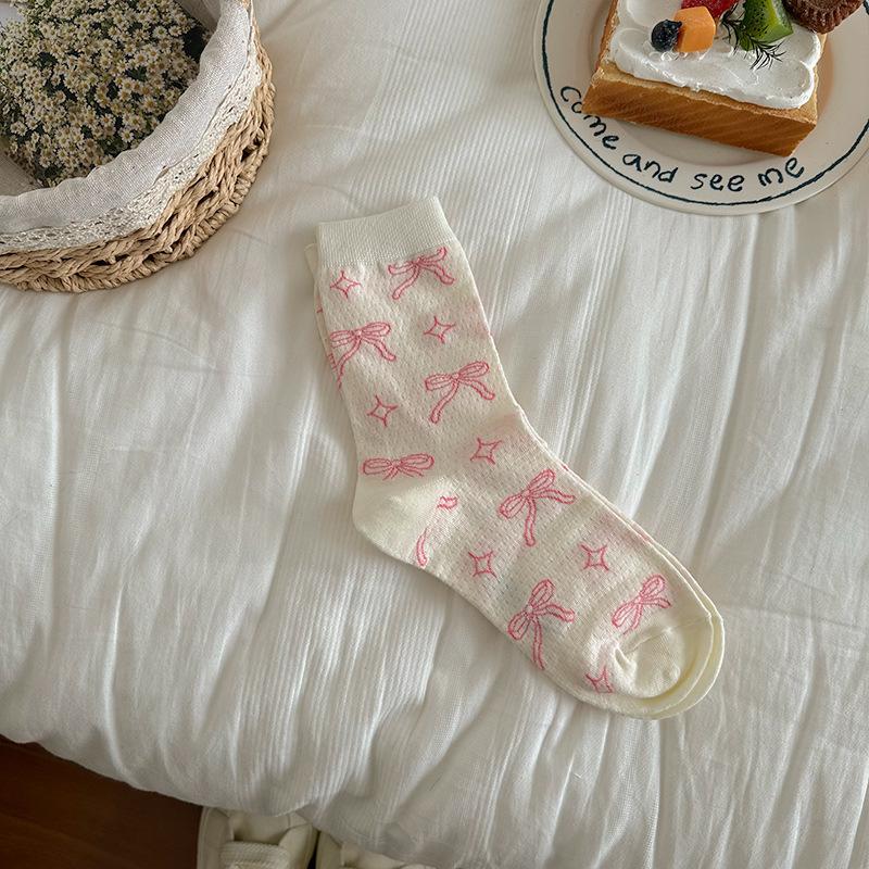 1/4 Paires Chaussettes en Coton pour Femmes Printemps et Automne Nœud Confortables Couleur Unie