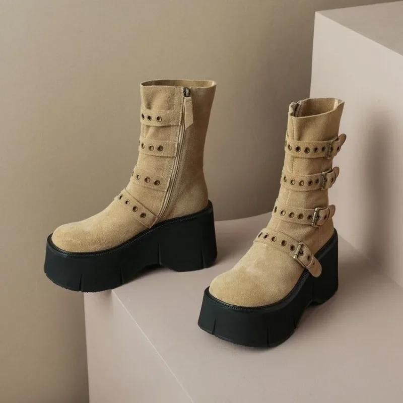 Shoes for Women New Pin Buckle Design Women's Boots Comfortable Wedge Platform Goth Shoes Winter Stylish Zipper Short Boots